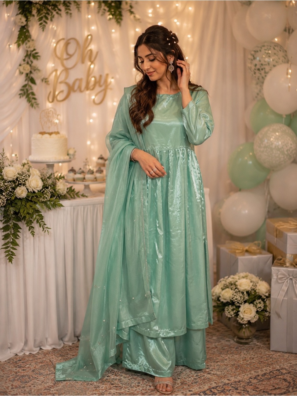 Serene Mint Green Maxi Dress with Sheer Dupatta